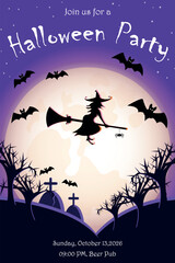 Halloween Party invitations, greeting cards, or posters Set with calligraphy, cutest pumpkins, bats and candy in night clouds. Design template for advertising, web, social media. Paper cut style