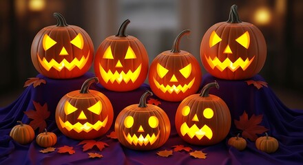Fototapeta premium Illuminated Jack-o-Lanterns Display - A Spooky Halloween Night.