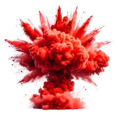 A vibrant explosion of crimson smoke against a stark black background, forming a mushroom shape