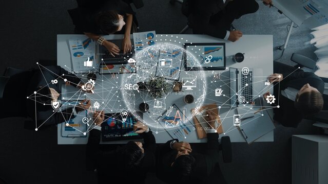 A dynamic business meeting showcasing a collaboration of professionals around a conference table, featuring technology and data analytics with global connectivity elements. Raster - Powered by Adobe
