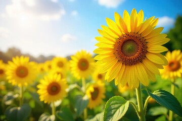 Obraz premium Sunflowers Basking in Golden Sunlight A Picturesque Summer Scene of Vibrant Yellow and Orange Petals Reaching for the Sky, Evoking Joy and Warmth.