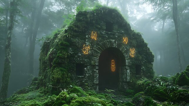 Enchanted Forest Shrine MossCovered Stone Structure with Mystic Glow, and Ethereal.