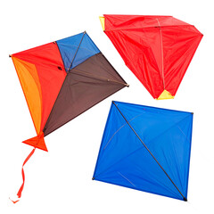 Colorful kites, each a different shape, overlap against a dark background
