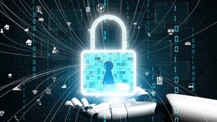 This image illustrates a futuristic lock held by a robotic hand, symbolizing digital security,...