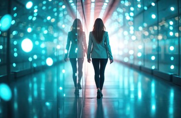 Fototapeta premium Woman in jacket walks through futuristic tunnel with glowing blue lights. Her reflection mirrors her path on the glossy floor. Technology and progress theme.