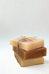 Stack of natural handmade soaps tied with twine on white background