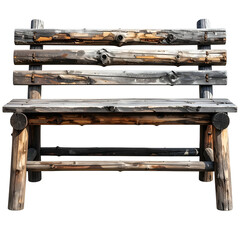 Weathered wooden bench, constructed with logs, sits against a transparent background