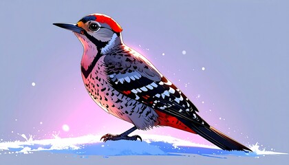 A digitally created bird illustration, depicting a woodpecker in a snowy environment with bright, glowing sunlight in the background