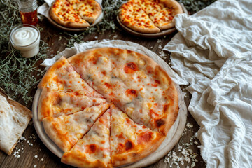 Deliciously cheesy pizza and small pizzas on a rustic table
