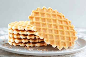 Golden waffles stacked on a white plate