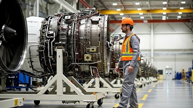 Plant engineer walking with jet engines for aviation maintenance checks safety