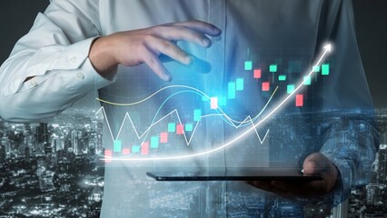 A businessman interacts with a tablet displaying advanced stock market graphs amidst a vibrant urban night backdrop, symbolizing financial analytics and growth. Copula