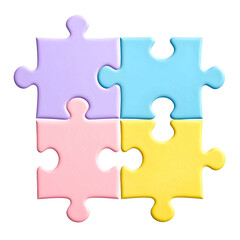 Obraz premium Four pastel colored jigsaw puzzle pieces interlocked, forming a square, isolated on black