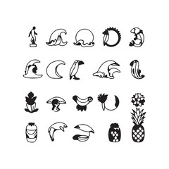 A collection of cartoon weather icon set vector illustration elements depicting cloud, sun, and nature symbol design signs