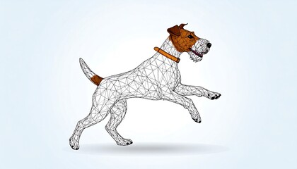 A digitally created dog, featuring a terrier with polygonal lines defining its form as it playfully leaps. The color palette is white, brown, and orange