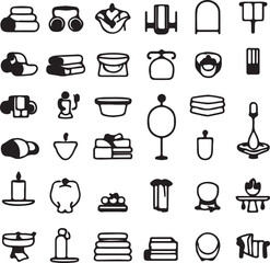 Kitchen icons set features food and drink symbols like coffee, tea, wine, and pizza, with cooking utensils such as a pan, spoon, pot, and knife as vector illustrations
