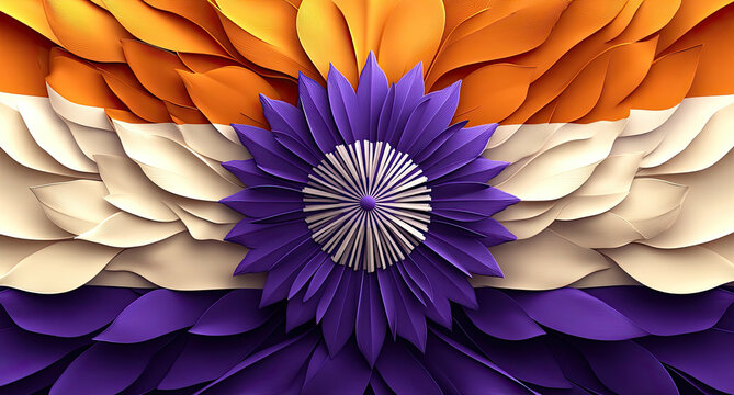 Layered petals, orange, ivory, and purple floral pattern, radial symmetry