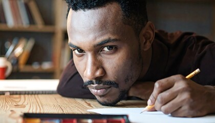 A focused individual leans forward, pencil in hand, intently working on a paper at a wooden desk. The subject stares directly at the camera