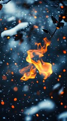 Fototapeta premium Fiery Dance: Abstract Flame Amidst Snowfall, Dramatic Contrast, Artistic Bokeh.