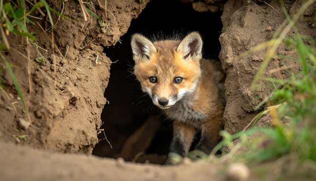 A curious fox cub emerges from a dark den, gazing directly at the viewer. Its fur is a warm orange hue against the brown earth