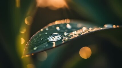 Close-up of a dew-covered leaf in soft sunlight