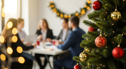 Decorated Christmas tree in focus with blurred group of business professionals meeting in festive office background, symbolizing teamwork, holiday spirit, and corporate celebration &mdash; ideal for busines