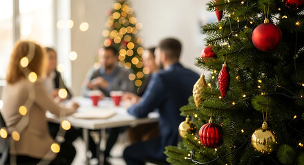 Decorated Christmas tree in focus with blurred group of business professionals meeting in festive office background, symbolizing teamwork, holiday spirit, and corporate celebration — ideal for busines