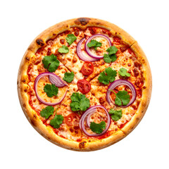 Overhead shot of a freshly baked pizza with tomato, onion, and cilantro on a black background