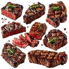 Grilled, juicy beef steaks, garnished with rosemary and peppercorns, on a black background