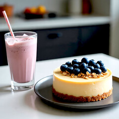 Protein shake and blueberry cheesecake