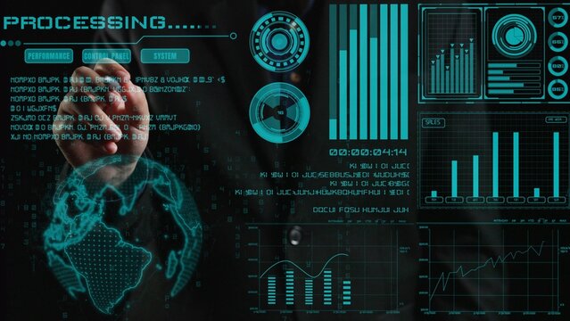 Digital interface showcasing business data analytics with processing visuals and modern infographics. Ideal for representing statistical insights and performance metrics. Cipher