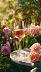 Elegant glass of rose wine among lush rose garden in daylight