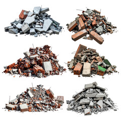 Six piles of varied construction debris bricks, concrete, and rubble, isolated on black