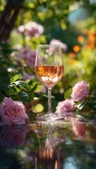 Elegant glass of wine amidst blooming roses in a sunlit garden setting