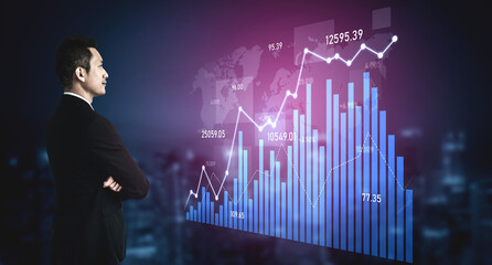A business professional examines financial trends on a digital interface, highlighting stock market fluctuations through vivid graphs and statistics in a modern setting. Scalp