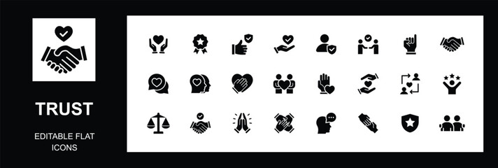 trust flat icons set, featuring responsibility, reliable, comitment, unity, trust, consistency, friend, trusted, truth, loyalty, belief, swea, editable flat. vector illustration
