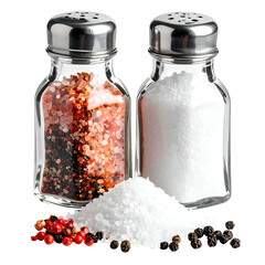 Two glass shakers, one salt, one spice, with a small pile of salt and peppercorns