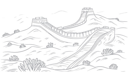Fototapeta premium Line Art of the Great Wall of China Winding Through Mountains