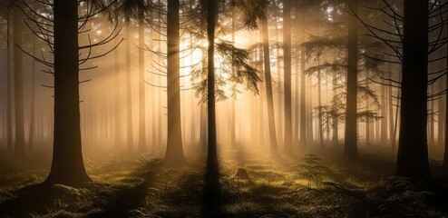 Misty Forest Trees in Morning Light. Peaceful Natural Scenery.