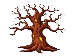 A digitally created illustration of a bare tree. The tree's trunk and branches are a rich brown, with glowing yellow oval cavities