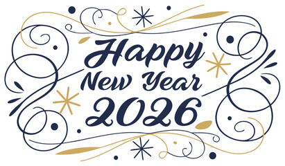 Obraz premium Celebrate Happy New Year 2026 with Elegant Swirls, Golden Stars, and Festive Accents for a Joyful Holiday Season