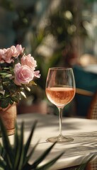 Elegant rose wine glass near flowers on a table with sunlight