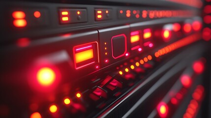 Red glowing server rack with data center, and technology background.