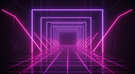 Obraz premium A neon-lit retro-futuristic tunnel with a grid pattern in vibrant purple lines set against a dark background.