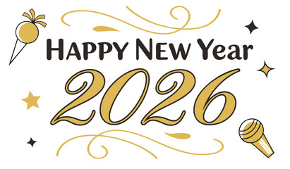 Fototapeta premium Celebrate Happy New Year 2026 with Festive Swirls, Party Horns, and Sparkling Stars for a Joyful Holiday Season