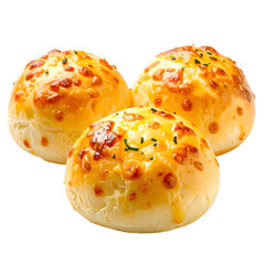 Three golden baked cheese rolls, with melted cheese topping. Studio photo, isolated on black