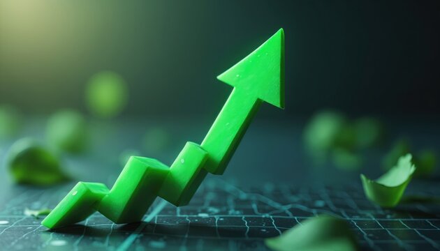 Vibrant green upward arrow dramatically breaks through dark graph line, strong financial progress. 3d tech visual shows market success, investment growth, exceeding expectations for companies.