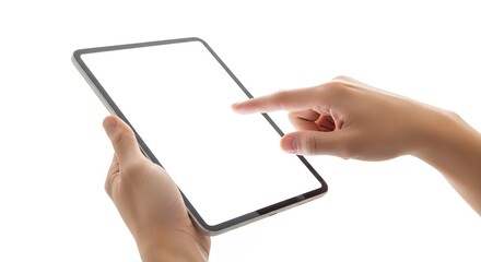 Hands Using a Tablet with a Blank White Screen