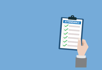 attendance clipboard with checklist. Questionnaire, survey, clipboard, task list. Flat design
