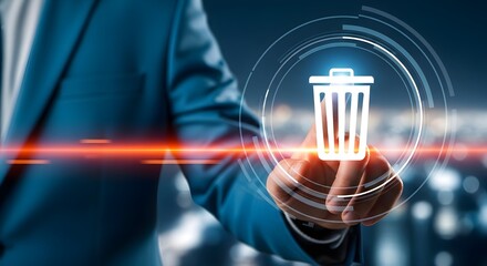 Man's Hand Touching a Digital Trash Can Icon